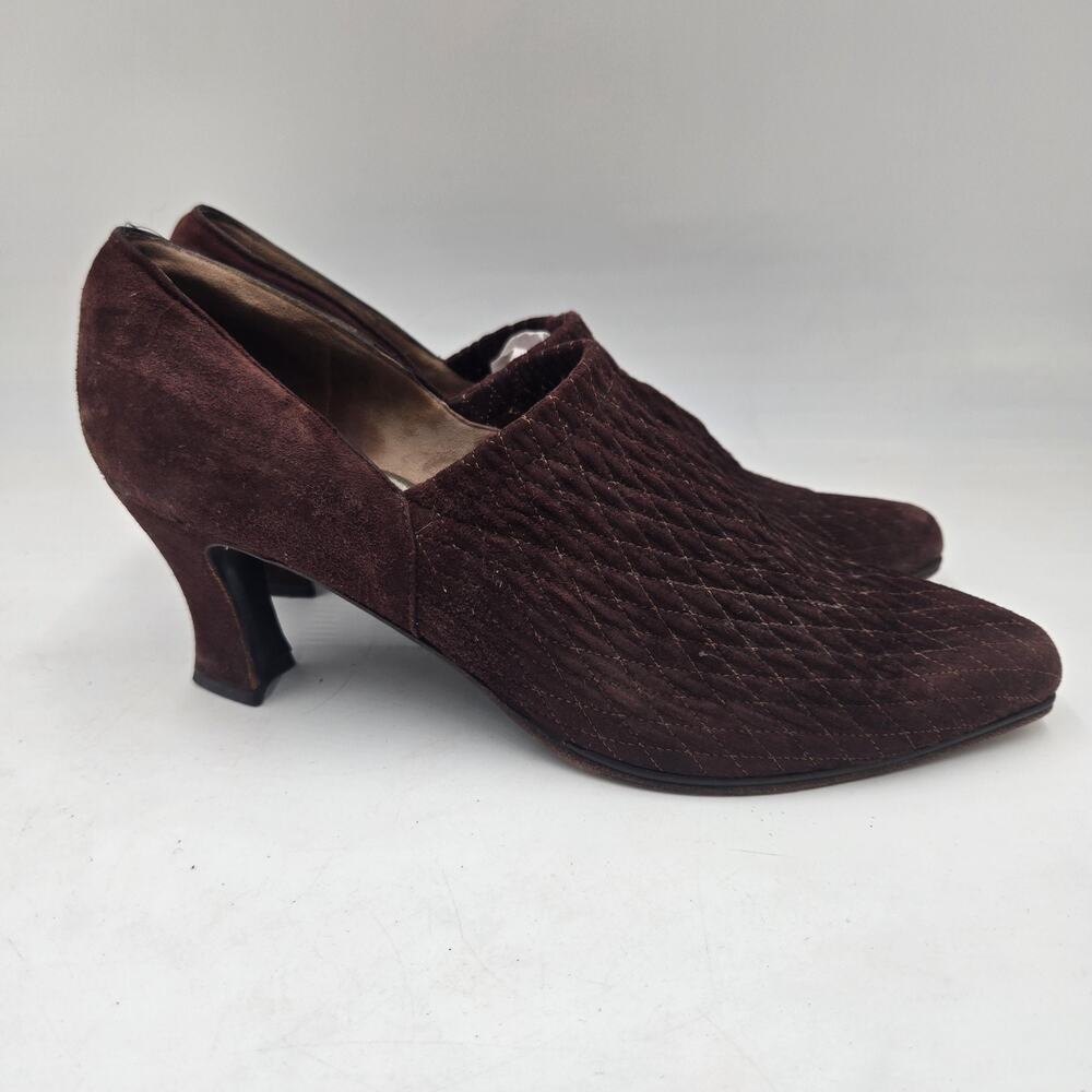 Vintage 90s Prevata Italy Brown Suede Victorian Revival Shoes Quilted Heels 9